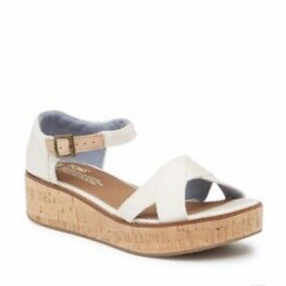 Toms Harper White Canvas Strap Platform Cork Wedge Sandals Woman’s 12